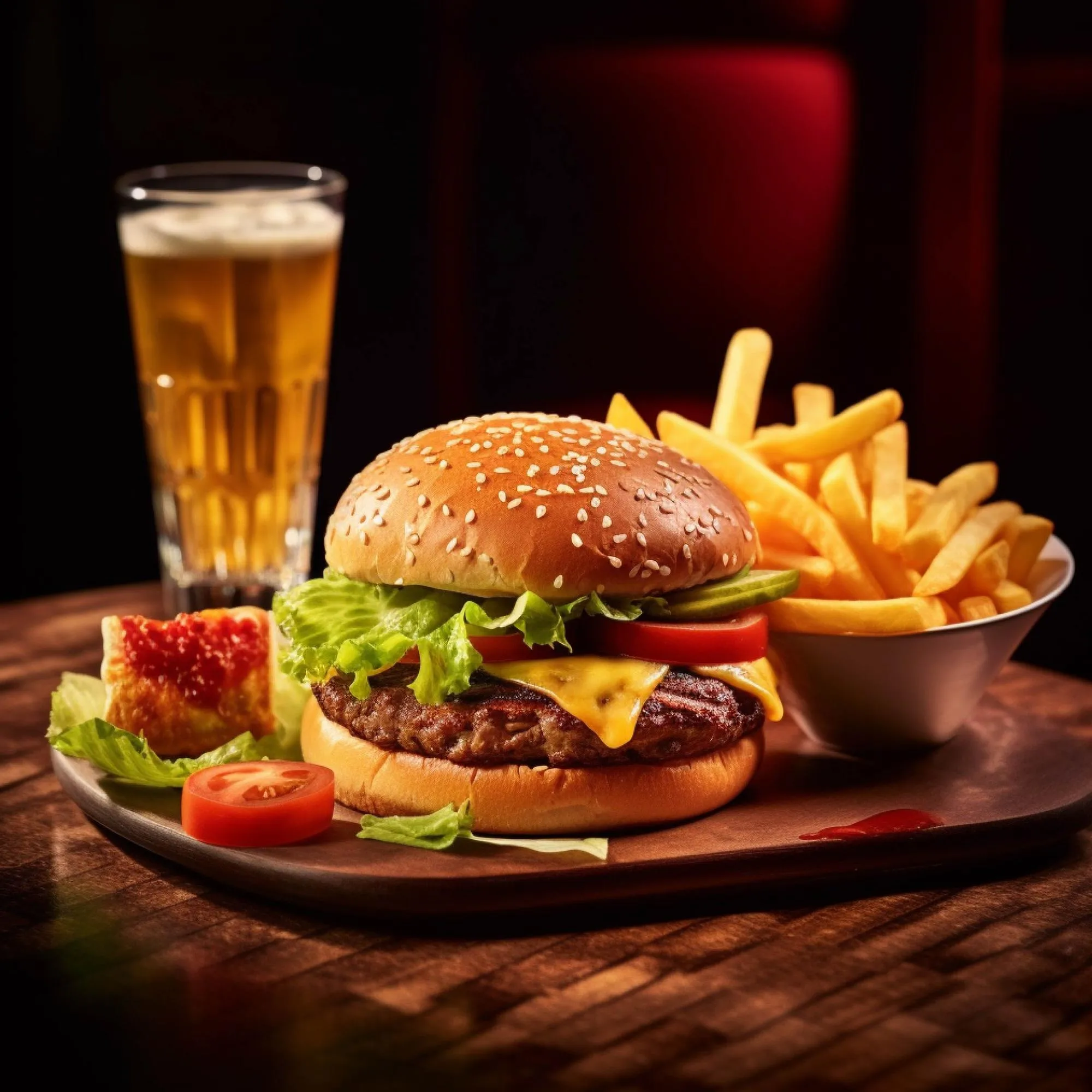Cheeseburger mit Pommes Frites und Bier – Burger Karte Ponte Di Rialto
