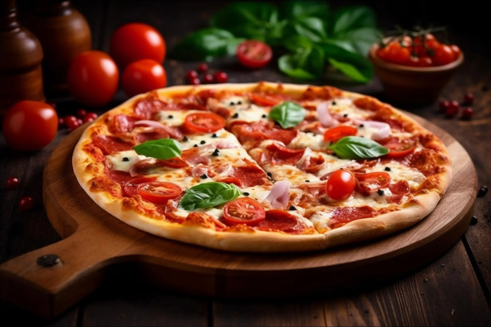 Holzofen Pizza mit frischen Tomaten und Basilikum – Ponte Di Rialto
