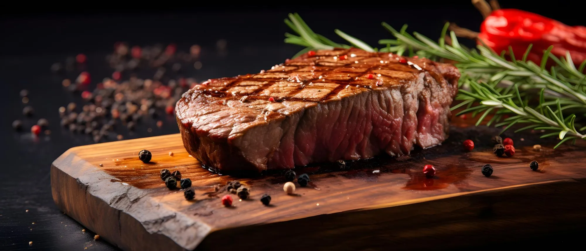 Gegrilltes Filetsteak medium rare mit Rosmarin und Pfefferkörnern