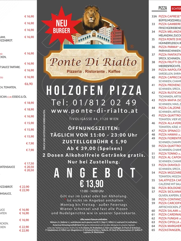 Holzofen Pizza Angebote und Zustellflyer – Ponte Di Rialto Lieferservice Wien 1120